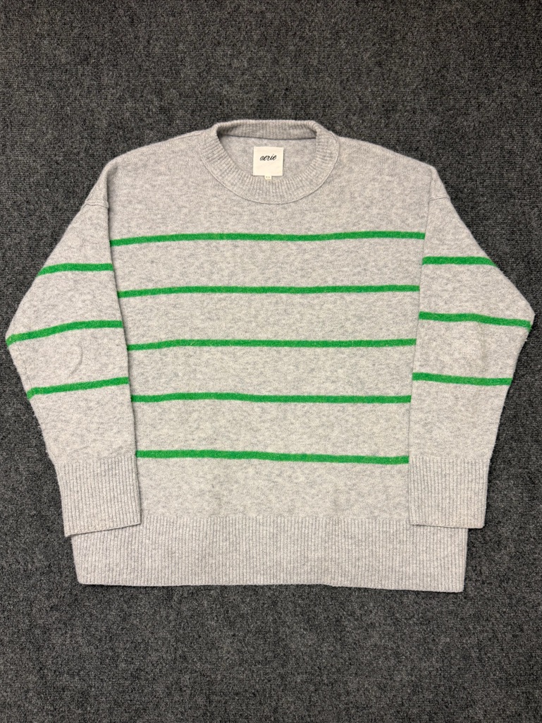 Aerie Green Grey Striped Knit Sweater Womens M Cozy